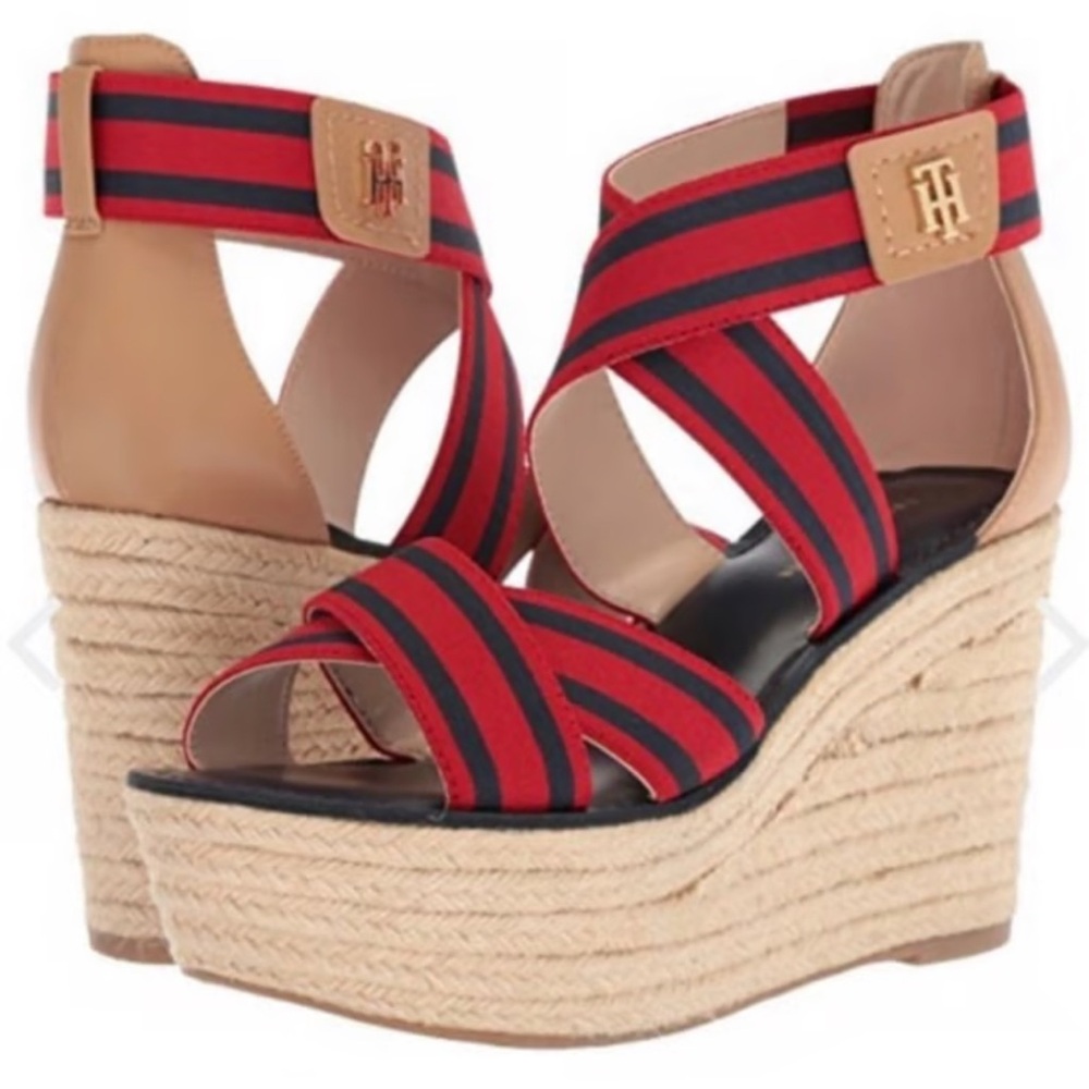Tommy Hilfiger Red and Navy Wedge Sandals Sz 10